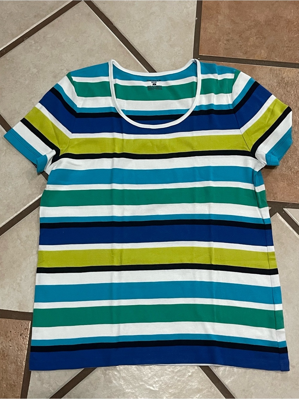 Jones New York Sport Striped Scoop Neck Tee in Teal, Blue & Chartreuse